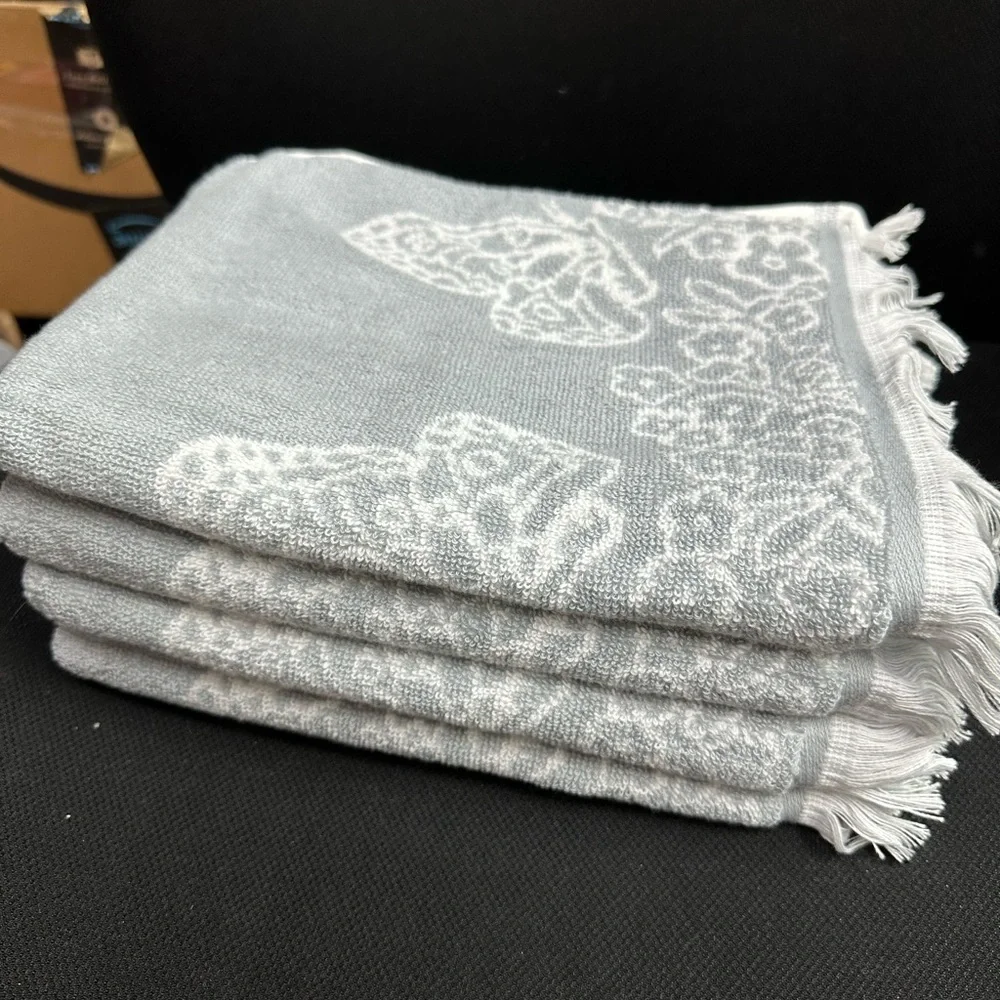 Pioneer Woman Silver Butterfly 4 Pack Hand Towel Bundle